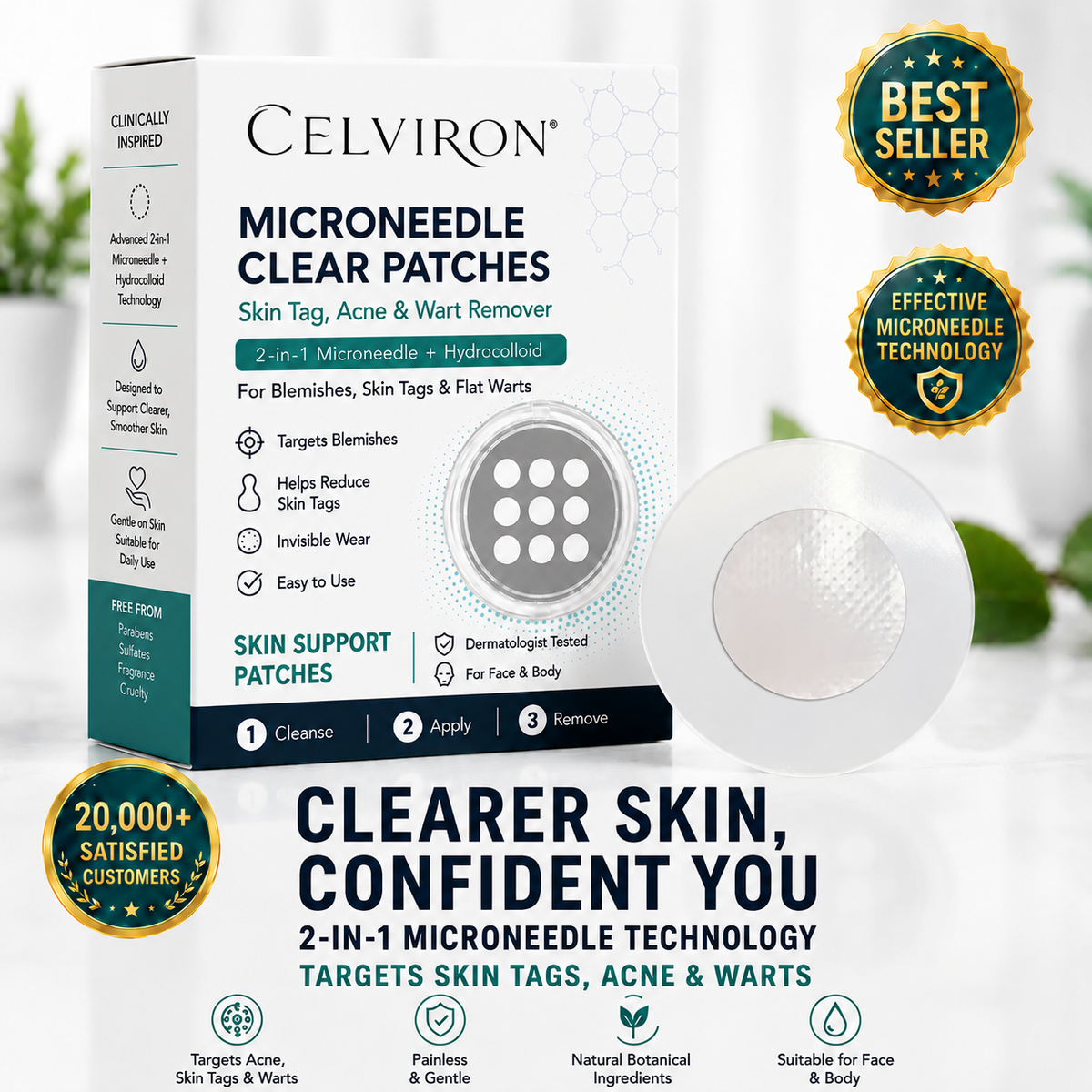 ✨Celviron®2-in-1 Microneedle & Hydrocolloid Patch🍀| Removes Raised Moles, Acne, Flat Warts & Skin Tags | Helps Improve Wrinkles, Scars & Blemishes | Invisible Patches for Face & Body